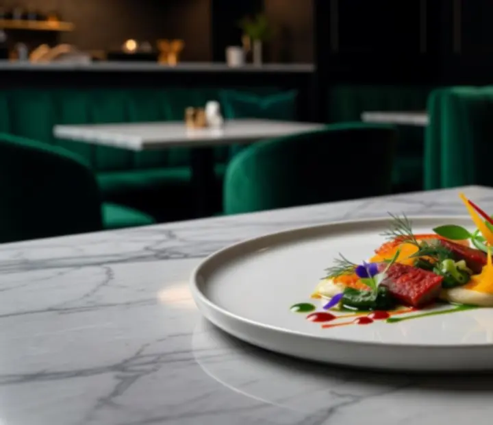 Elegánsan tálalt fine dining fogás sötét tányéron